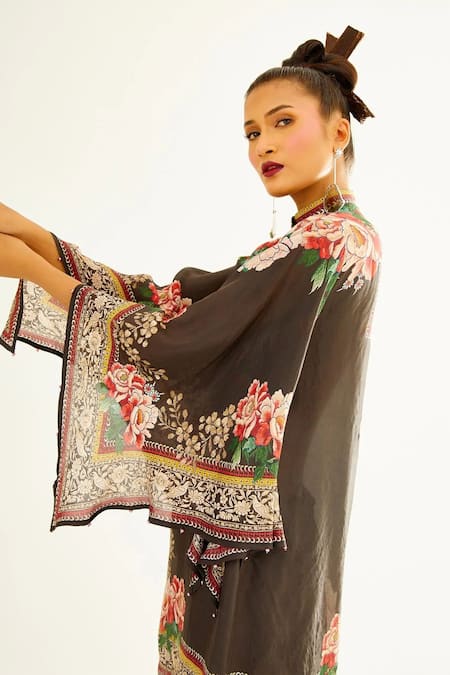 Shop_Rajdeep Ranawat_Brown Silk Floral Band Collar Nylla Tunic_Online_at_Aza_Fashions