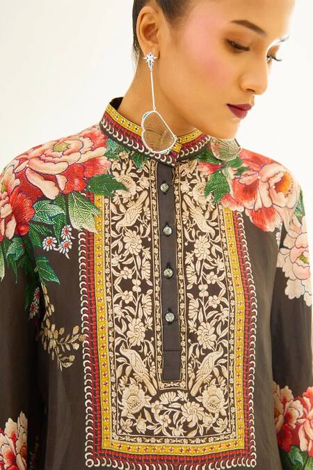 Rajdeep Ranawat_Brown Silk Floral Band Collar Nylla Tunic_at_Aza_Fashions
