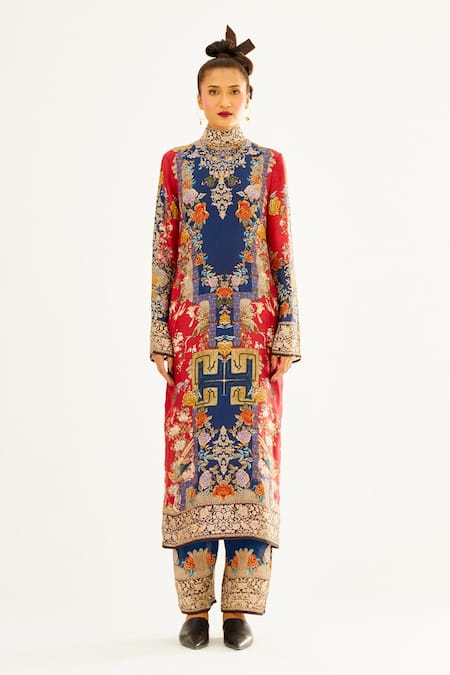 Rajdeep Ranawat Blue Satin Printed Floral Permaz Hem Palazzo  