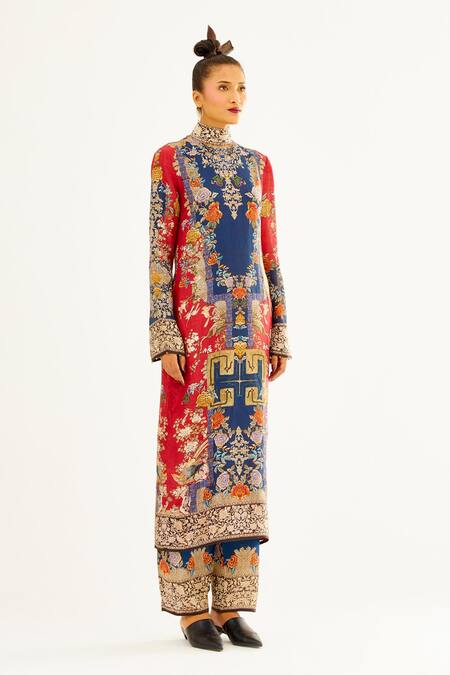 Rajdeep Ranawat_Blue Satin Bird, Floral Permaz Printed Hem Palazzo_Online_at_Aza_Fashions