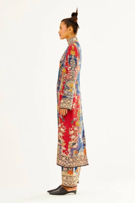 Buy_Rajdeep Ranawat_Blue Satin Bird, Floral Permaz Printed Hem Palazzo_Online_at_Aza_Fashions