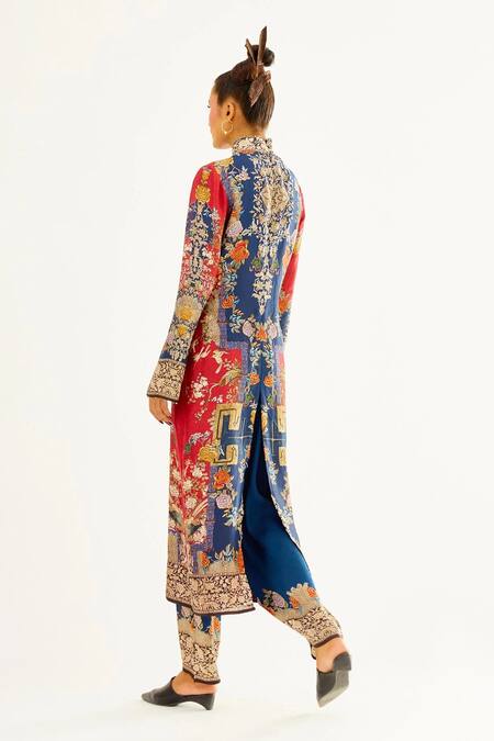 Shop_Rajdeep Ranawat_Blue Satin Bird, Floral Permaz Printed Hem Palazzo_Online_at_Aza_Fashions