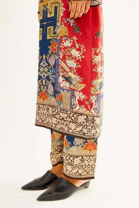 Rajdeep Ranawat_Blue Satin Bird, Floral Permaz Printed Hem Palazzo_at_Aza_Fashions