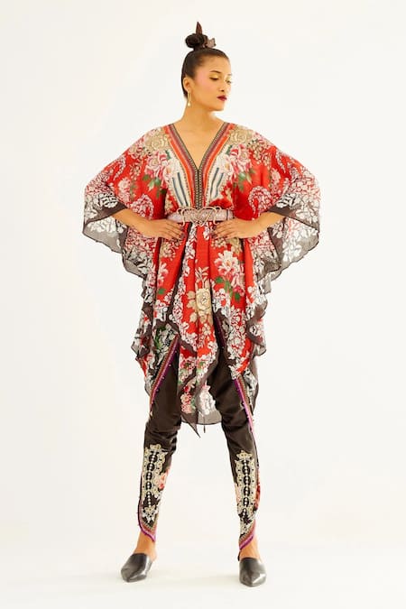 Rajdeep Ranawat Black Satin Printed Floral Sonth Dhoti Pant