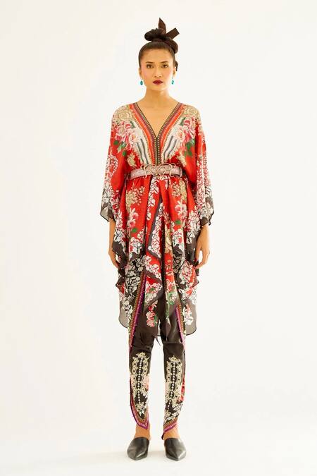 Shop_Rajdeep Ranawat_Black Satin Floral Sonth Printed Dhoti Pant_Online_at_Aza_Fashions