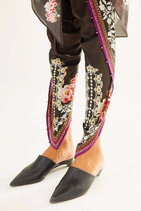 Rajdeep Ranawat_Black Satin Floral Sonth Printed Dhoti Pant_at_Aza_Fashions