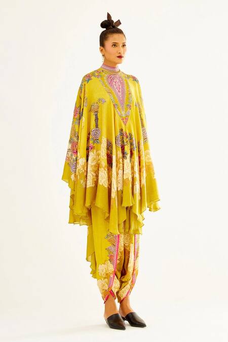 Rajdeep Ranawat_Yellow Satin Floral South Printed Dhoti Pant_Online_at_Aza_Fashions