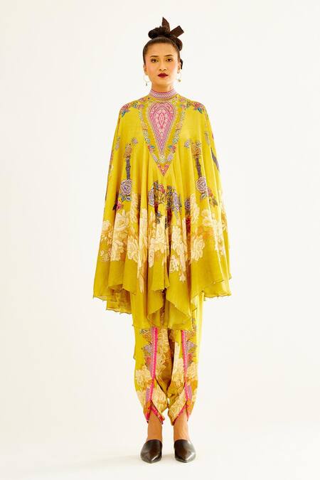 Buy_Rajdeep Ranawat_Yellow Satin Floral South Printed Dhoti Pant_Online_at_Aza_Fashions