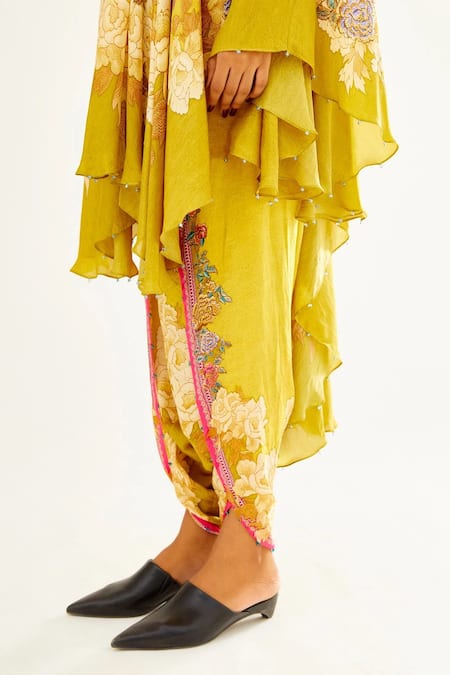 Rajdeep Ranawat_Yellow Satin Floral South Printed Dhoti Pant_at_Aza_Fashions