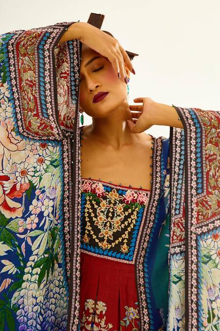 Shop_Rajdeep Ranawat_Blue Silk Floral Square Neck Yolanda Print Kaftan Tunic_Online_at_Aza_Fashions