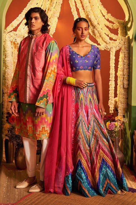 Shop_Siddhartha Bansal_Multi Color Raw Silk, Organza, Dupion Wave And Floral Embroidery V Lehenga Set _Online_at_Aza_Fashions