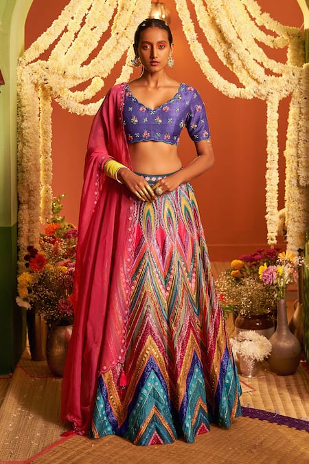 Siddhartha Bansal_Multi Color Raw Silk, Organza, Dupion Wave And Floral Embroidery V Lehenga Set _at_Aza_Fashions