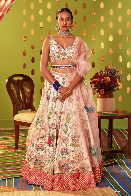 Siddhartha Bansal White Organza, Dupion V Neck Embroidered Lehenga Set at Aza Fashions Siddhartha Bansal_White Organza, Dupion V Neck Embroidered Lehenga Set_at_Aza_Fashions