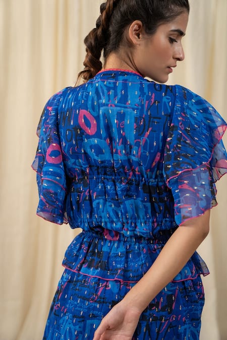 Shop_Label Reyya_Blue Poly Georgette Typography Print V Neck Top And Pant Set _Online_at_Aza_Fashions