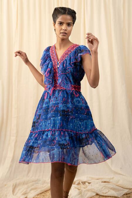 Label Reyya_Blue Poly Georgette Typography Print And Thread Work V Neck Ruffle Yoke Dress _Online_at_Aza_Fashions