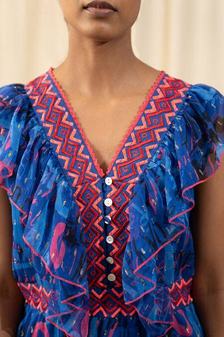 Buy_Label Reyya_Blue Poly Georgette Typography Print And Thread Work V Neck Ruffle Yoke Dress _Online_at_Aza_Fashions