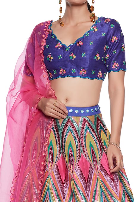 Buy_Siddhartha Bansal_Multi Color Raw Silk, Organza, Dupion Wave And Floral Embroidery V Lehenga Set _Online_at_Aza_Fashions