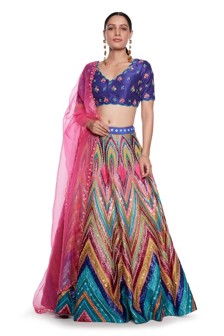 Siddhartha Bansal_Multi Color Raw Silk, Organza, Dupion Wave And Floral Embroidery V Lehenga Set _Online_at_Aza_Fashions