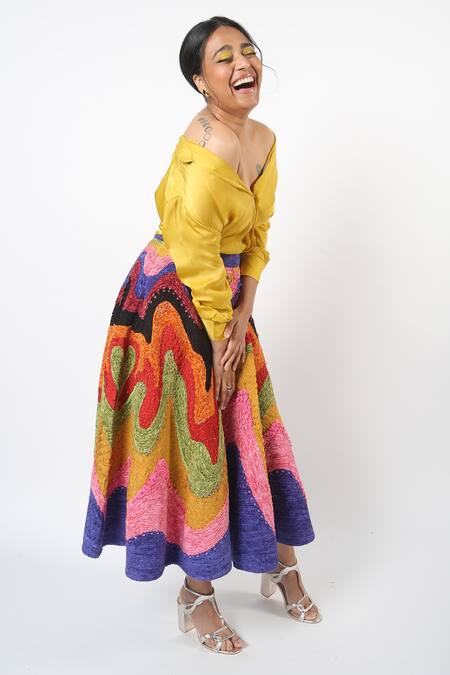 Buy_Siddhartha Bansal_Multi Color Ming Crepe Colorblock Embroidered Skirt _Online_at_Aza_Fashions