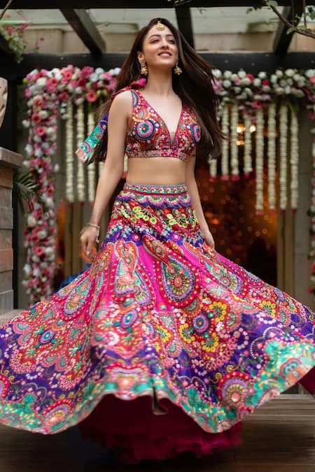 Siddhartha Bansal Multi Color Satin Embroidery V Neck Lehenga Set  