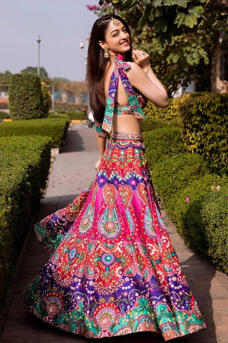 Siddhartha Bansal_Multi Color Satin, Dupion V Neck Embroidered Lehenga Set _Online_at_Aza_Fashions
