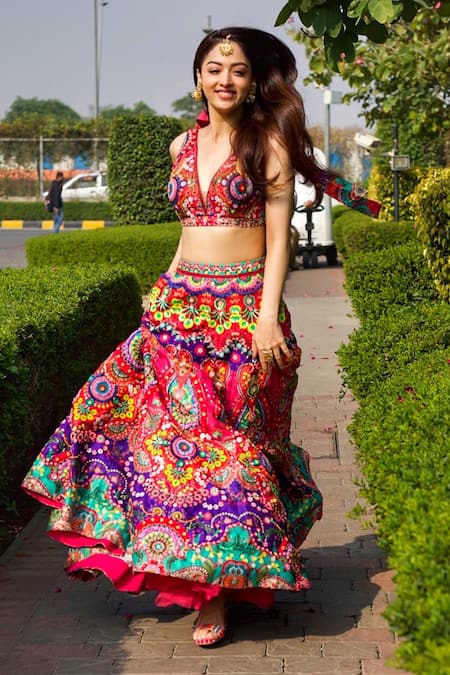 Buy_Siddhartha Bansal_Multi Color Satin, Dupion V Neck Embroidered Lehenga Set _Online_at_Aza_Fashions