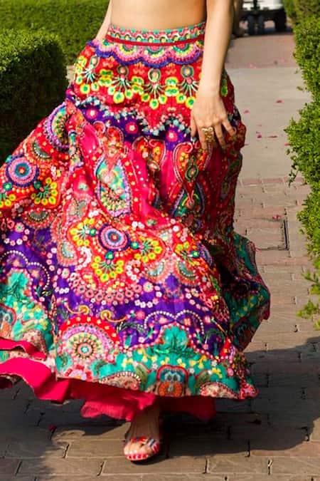 Shop_Siddhartha Bansal_Multi Color Satin, Dupion V Neck Embroidered Lehenga Set _Online_at_Aza_Fashions