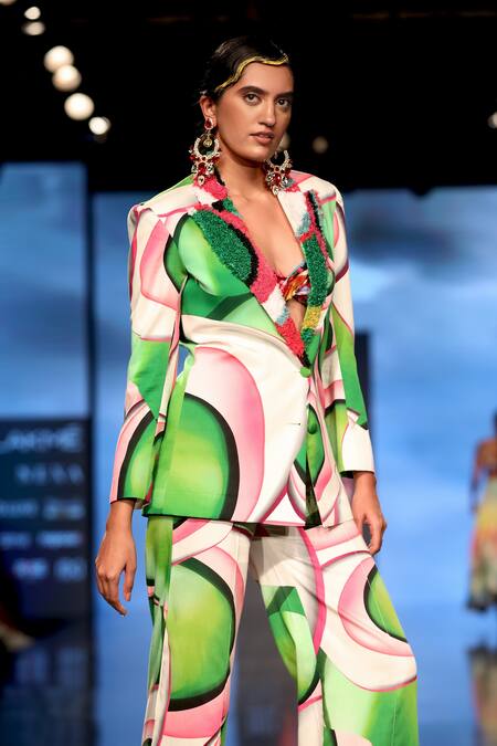 Siddhartha Bansal_Green Satin And Lycra Print Murano Glass Blazer & Pant Set _Online_at_Aza_Fashions