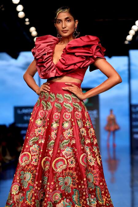 Siddhartha Bansal Maroon Organza Satin And Dupion Sequin & Thread V Neck Embroidered Lehenga Set Online at Aza Fashions Siddhartha Bansal_Maroon Organza Satin And Dupion Sequin & Thread V Neck Embroidered Lehenga Set_Online_at_Aza_Fashions