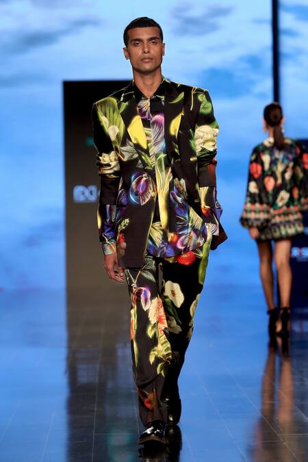 Siddhartha Bansal_Black Cotton Satin Floral Blazer Pant Set  _Online_at_Aza_Fashions