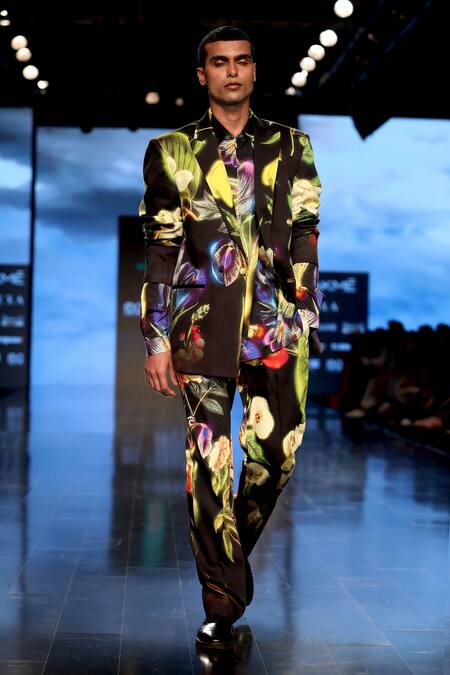Buy_Siddhartha Bansal_Black Cotton Satin Floral Blazer Pant Set  _Online_at_Aza_Fashions