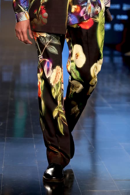 Shop_Siddhartha Bansal_Black Cotton Satin Floral Blazer Pant Set  _Online_at_Aza_Fashions