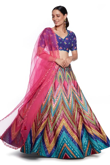 Siddhartha Bansal Multi Color Raw Silk Printed Wave And Floral Embroidery V Lehenga Set 