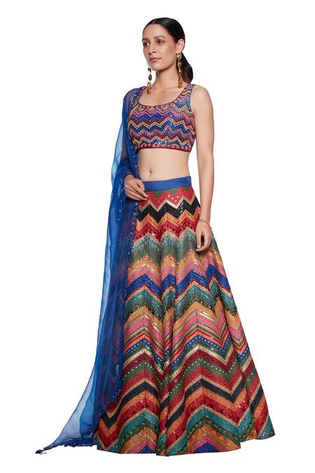 Siddhartha Bansal_Multi Color Raw Silk, Organza, Dupion U Neck Embroidered Lehenga Set_Online_at_Aza_Fashions