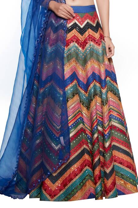 Shop_Siddhartha Bansal_Multi Color Raw Silk, Organza, Dupion U Neck Embroidered Lehenga Set_Online_at_Aza_Fashions