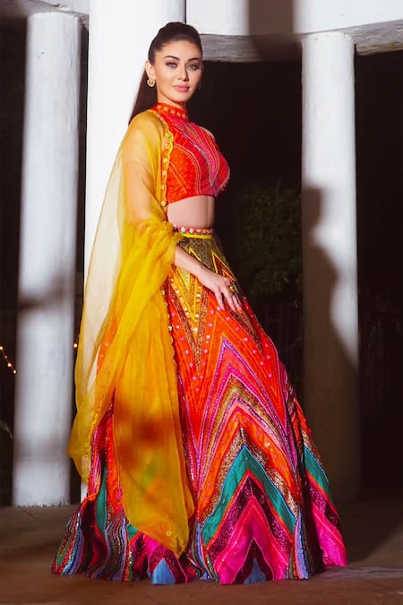 Siddhartha Bansal_Multi Color Raw Silk, Organza, Dupion High Neck Embroidered Lehenga Set _Online_at_Aza_Fashions