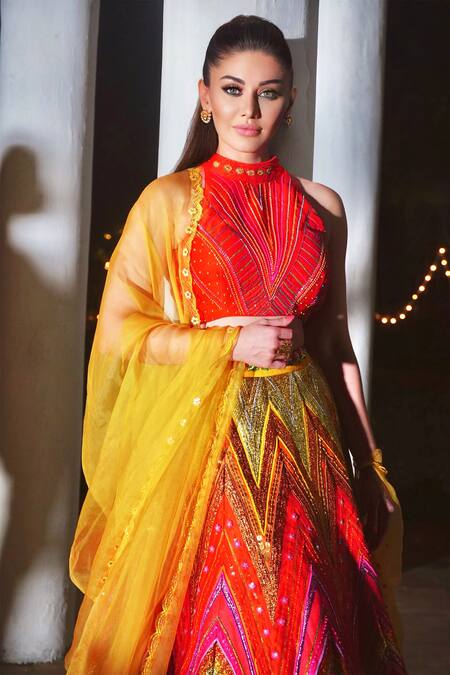 Buy_Siddhartha Bansal_Multi Color Raw Silk, Organza, Dupion High Neck Embroidered Lehenga Set _Online_at_Aza_Fashions