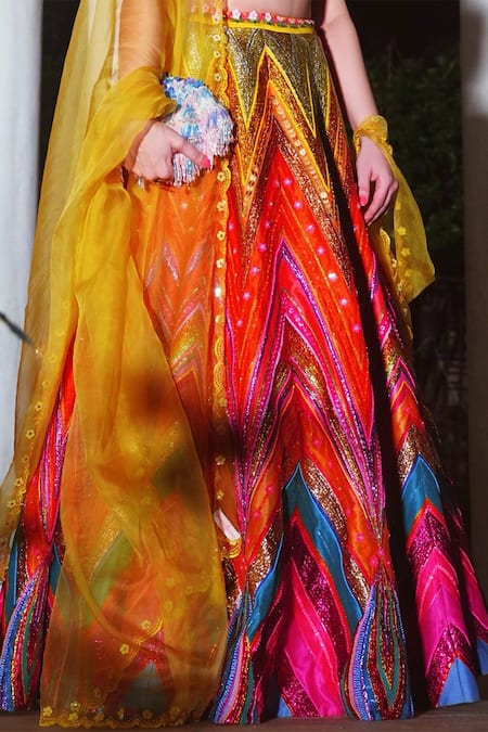 Shop_Siddhartha Bansal_Multi Color Raw Silk, Organza, Dupion High Neck Embroidered Lehenga Set _Online_at_Aza_Fashions