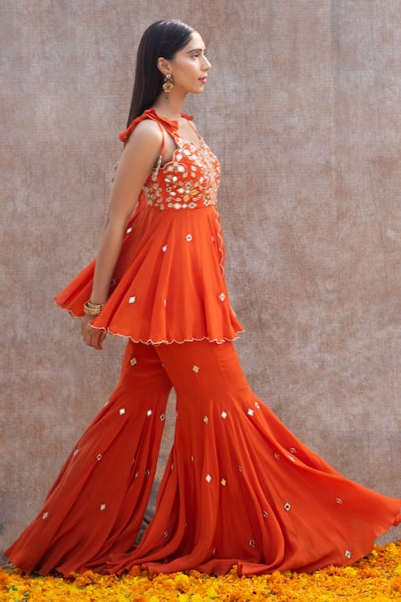 Silky Bindra_Orange Crepe, Shantoon Mirror, Nakshi V Neck Peplum Kurta And Sharara Set _Online_at_Aza_Fashions