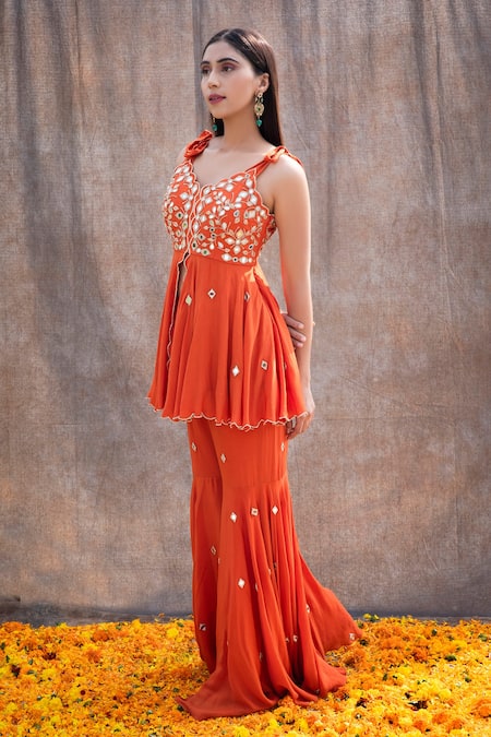 Buy_Silky Bindra_Orange Crepe, Shantoon Mirror, Nakshi V Neck Peplum Kurta And Sharara Set _Online_at_Aza_Fashions