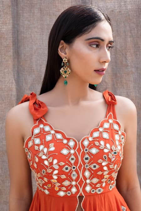 Shop_Silky Bindra_Orange Crepe, Shantoon Mirror, Nakshi V Neck Peplum Kurta And Sharara Set _Online_at_Aza_Fashions