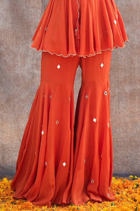 Silky Bindra_Orange Crepe, Shantoon Mirror, Nakshi V Neck Peplum Kurta And Sharara Set _at_Aza_Fashions
