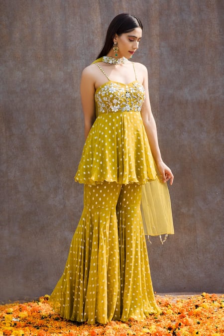 Silky Bindra Green Net, Georgette, Shantoon Mirror, Nakshi Embroidered Kurta Sharara Set Online at Aza Fashions Silky Bindra_Green Net, Georgette, Shantoon Mirror, Nakshi Embroidered Kurta Sharara Set _Online_at_Aza_Fashions