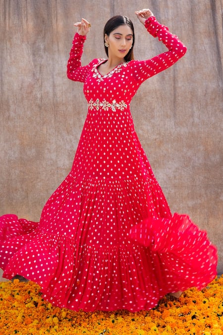 Buy_Silky Bindra_Pink Net, Georgette, Shantoon Mirror, Nakshi V Neck Tiered Anarkali With Dupatta _Online_at_Aza_Fashions
