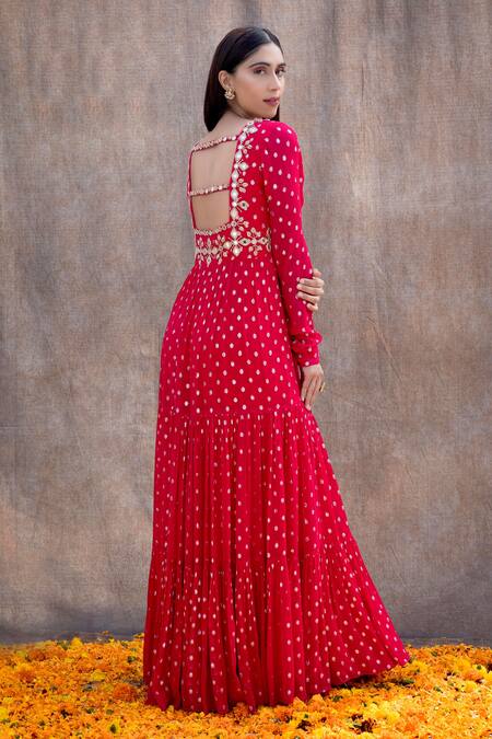 Shop_Silky Bindra_Pink Net, Georgette, Shantoon Mirror, Nakshi V Neck Tiered Anarkali With Dupatta _at_Aza_Fashions