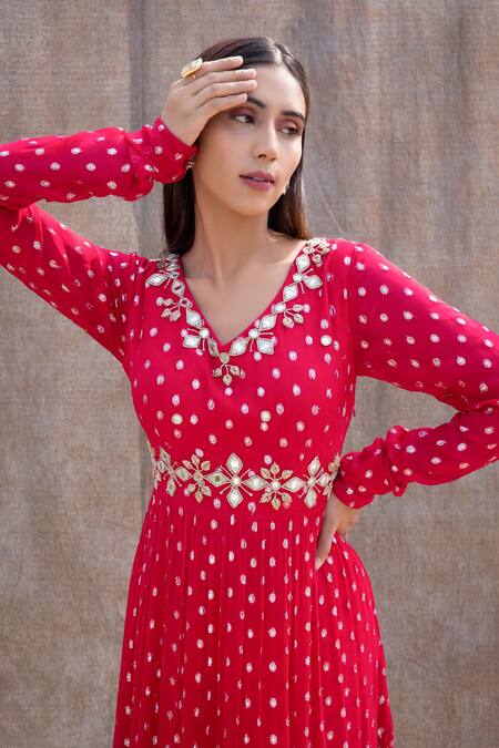 Shop_Silky Bindra_Pink Net, Georgette, Shantoon Mirror, Nakshi V Neck Tiered Anarkali With Dupatta _Online_at_Aza_Fashions