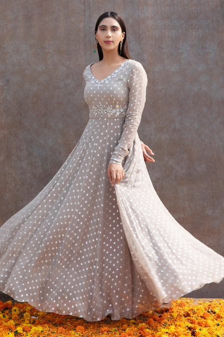 Silky Bindra Grey Net, Georgette, Shantoon Mirror, Nakshi V Embellished Anarkali With Dupatta Online at Aza Fashions Silky Bindra_Grey Net, Georgette, Shantoon Mirror, Nakshi V Embellished Anarkali With Dupatta _Online_at_Aza_Fashions