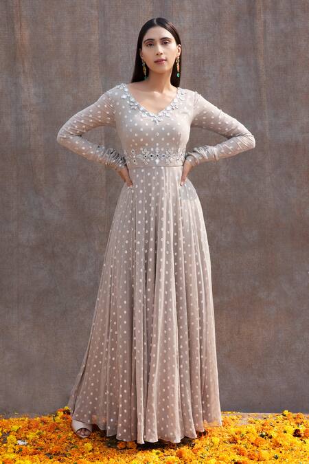 Buy Silky Bindra Grey Net, Georgette, Shantoon Mirror, Nakshi V Embellished Anarkali With Dupatta Online at Aza Fashions Buy_Silky Bindra_Grey Net, Georgette, Shantoon Mirror, Nakshi V Embellished Anarkali With Dupatta _Online_at_Aza_Fashions