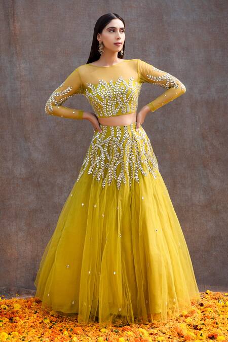 Silky Bindra_Green , Shantoon, Soft Mirror, Nakshi Boat Embroidered Bridal Lehenga Set _Online_at_Aza_Fashions