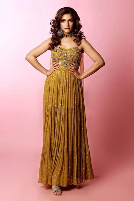 Shop Silky Bindra Yellow Net, Georgette, Shantoon Mirrors, Tiered Anarkali With Choker Dupatta at Aza Fashions Shop_Silky Bindra_Yellow Net, Georgette, Shantoon Mirrors, Tiered Anarkali With Choker Dupatta _at_Aza_Fashions